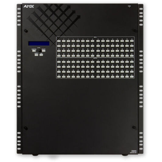 AMX Enova DGX 6400 digital media enclosure front panel with LCD, control keys, and input/output button grid