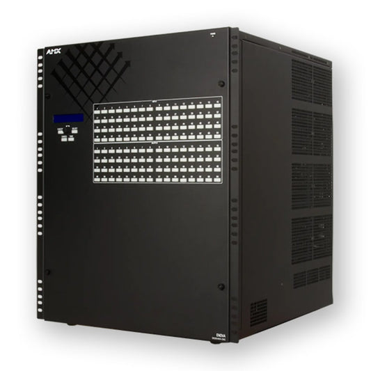 AMX FG1061-64-FX Enova DGX 6400 enclosure angled left view showing front panel and vented side chassis