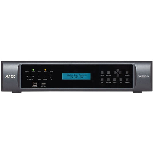 AMX DVX-2265-4K presentation switcher front panel with LCD display showing Main Amp Output volume level