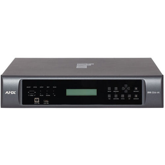 AMX DVX-3266-4K all-in-one presentation switcher front panel with LCD display and menu buttons