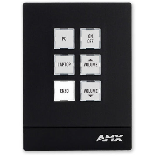 AMX FG2102-06P-W Massio controlpad in black, front view with six labeled backlit buttons in portrait orientation