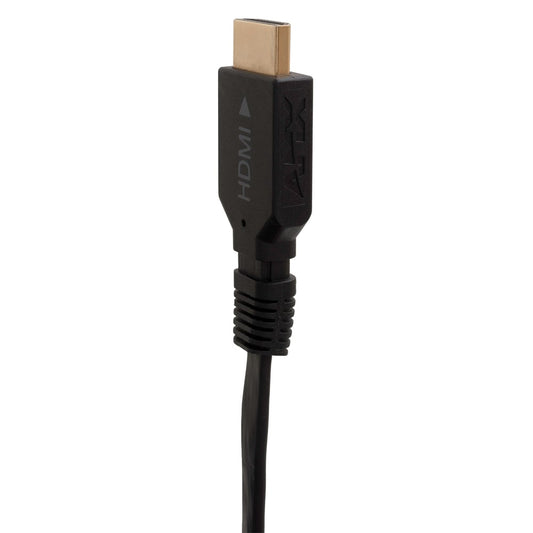 AMX HDMI cable end with gold-plated connector and molded strain relief, close-up detail