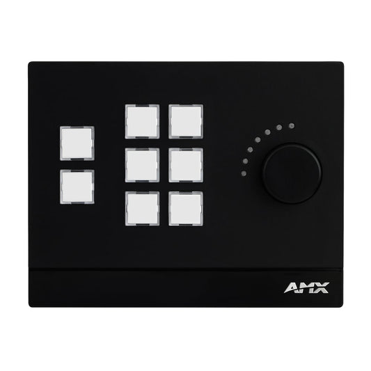 AMX FG2102-08-BL Massio 8-button Ethernet ControlPad front face with backlit buttons and rotary volume knob