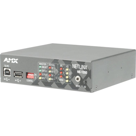 AMX NX-1200 NetLinx controller angled front view with USB ports, CONFIG DIP switches and status LEDs