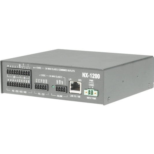 AMX NX-1200 rear panel at an angle showing RS-232/422/485 terminals, AXLink and LAN 10/100 jack