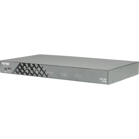 AMX NX-2200 controller angled front view showing 1RU chassis depth and vented front bezel