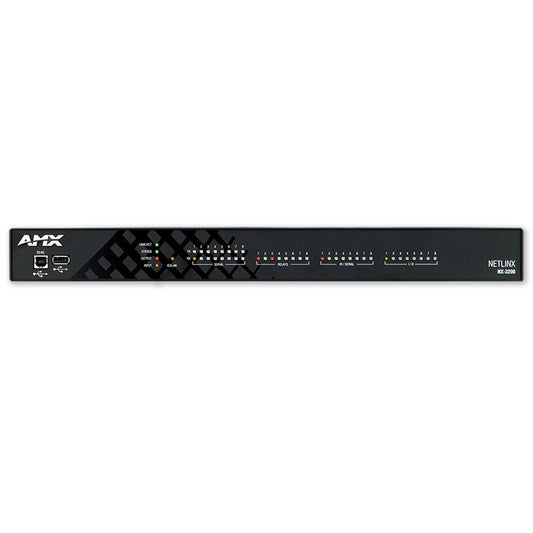 AMX NX-3200 NetLinx integrated controller front panel with status LEDs, USB and program port