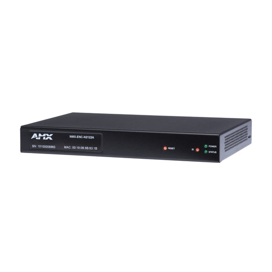 AMX NMX-ENC-N2122A half-rack black chassis at an angle showing reset, ID, power and status LEDs