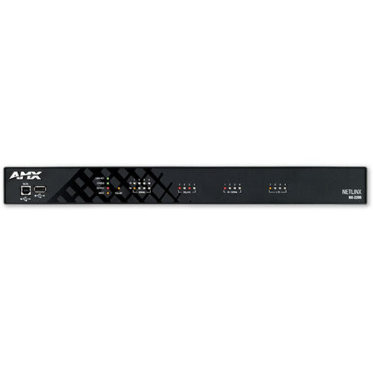 AMX NetLinx NX rack-mount controller front panel with USB ports and status LED indicator groups