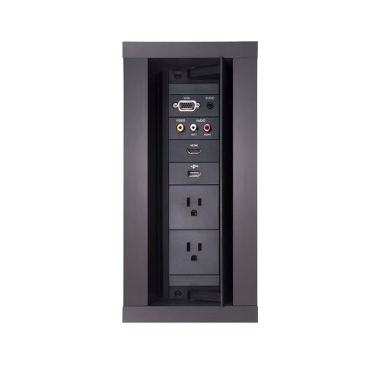 AMX FG560-02-BL HydraPort 9 module table box open showing VGA, audio, HDMI, USB and AC outlet inserts