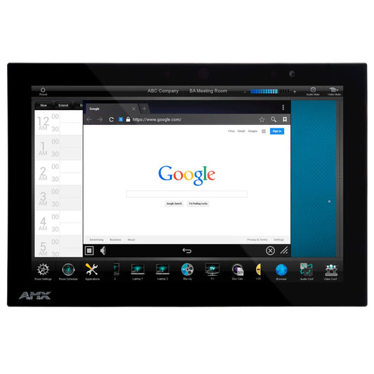 AMX FG5968-48 MXD-1001-P 10.1" Modero X touch panel front view with room control and browser on screen