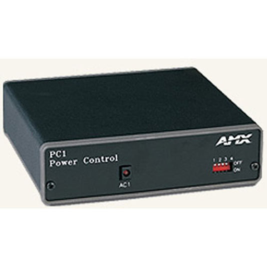 AMX PC1 power controller front panel with AC1 indicator LED and four-position DIP switch