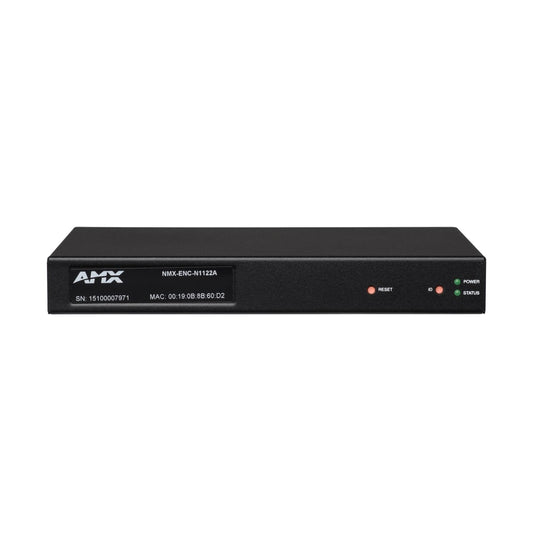 AMX NMX-ENC-N1122A encoder front panel with RESET and ID buttons plus POWER and STATUS LEDs