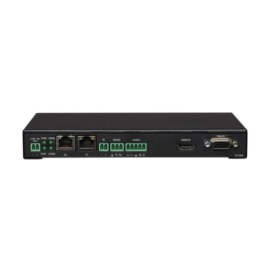 AMX NMX-ENC-N1122A rear panel with two RJ45 ports, IR, RS232, audio terminals, HDMI IN and VGA IN