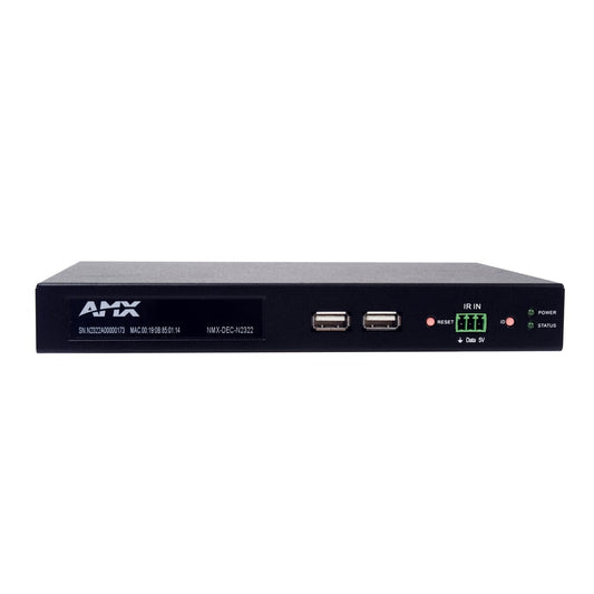 AMX NMX-DEC-N2322 video over IP decoder front panel with USB ports, IR IN terminal, reset and status LEDs