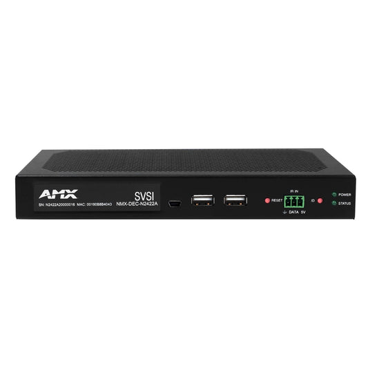 AMX NMX-DEC-N2422A 4K decoder front panel with USB ports, IR IN terminal, and vented top cover