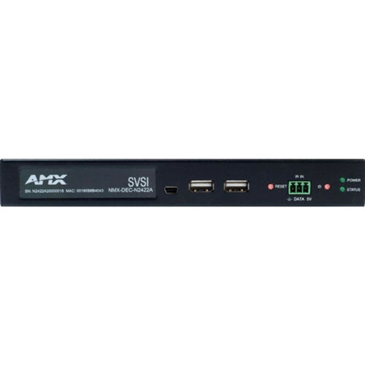 AMX FGN2422A-SA decoder straight-on front view showing reset, ID buttons and power and status LEDs