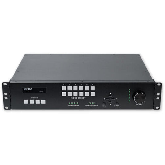 AMX FGN7142-23 presentation switcher front panel with video select buttons, presets and volume knob