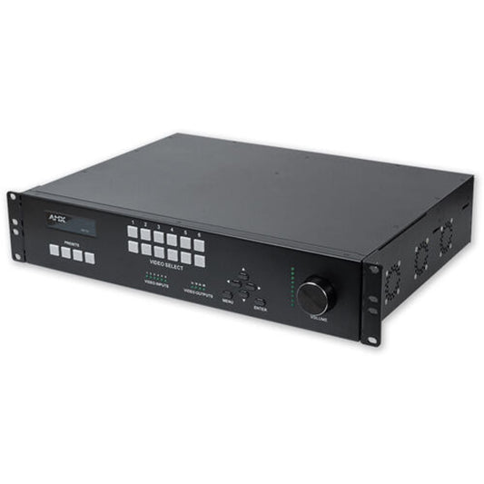 AMX FGN7142-23 networked AV switcher angled view showing rack ears and side vents