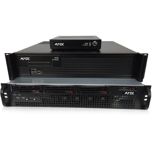 AMX N-Series SVSi controllers stacked, showing SC-N8001 compact unit and rack-mount front panels