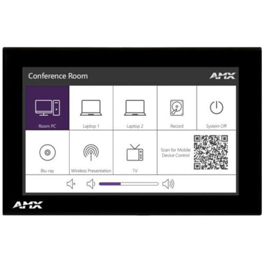 AMX FGN8307-SD NT-SD-701 7" wall mount touch panel front view with conference room source selection screen