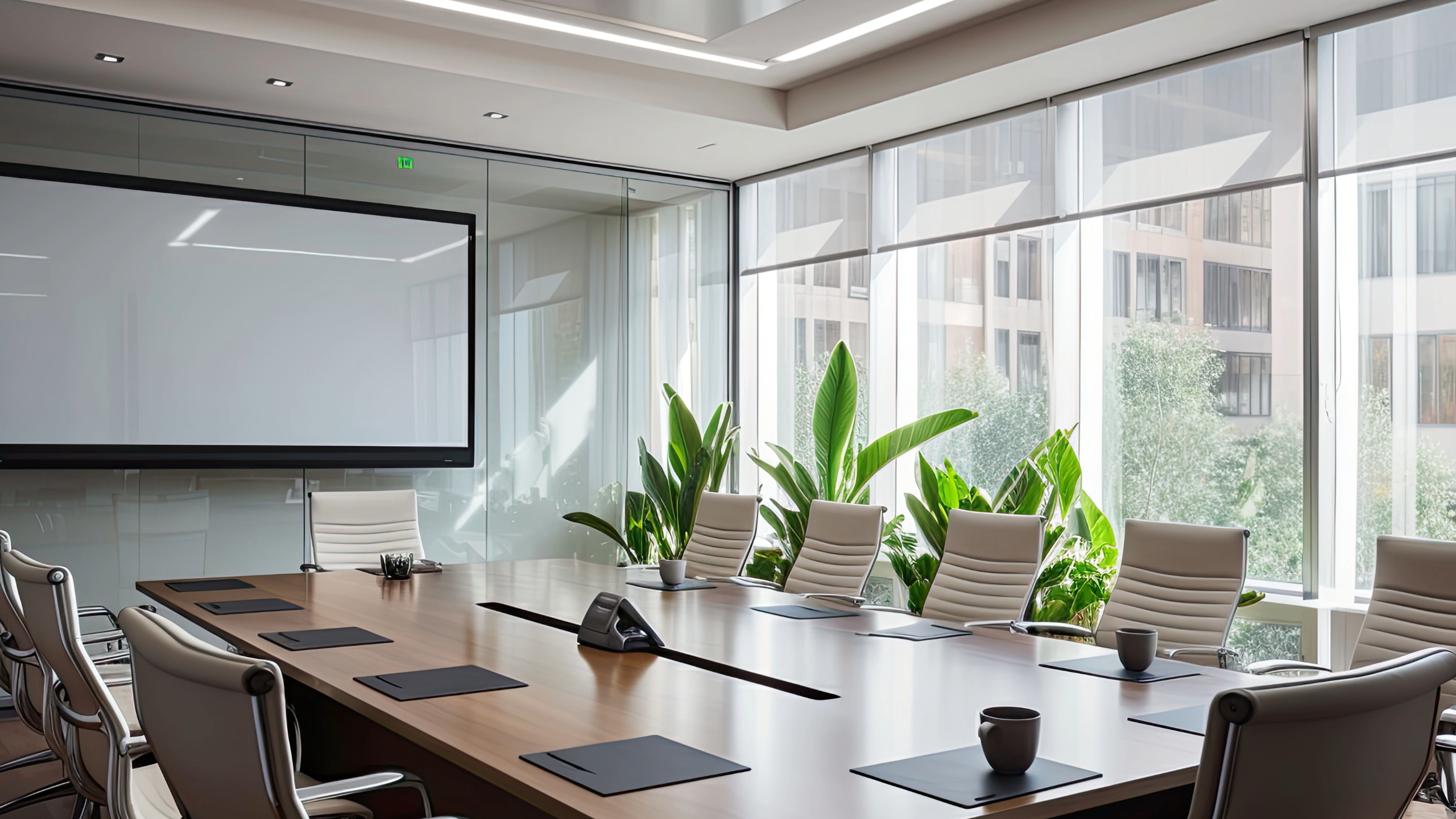 Modern conference room with a large wooden table, chairs, and a large screen on the wall.