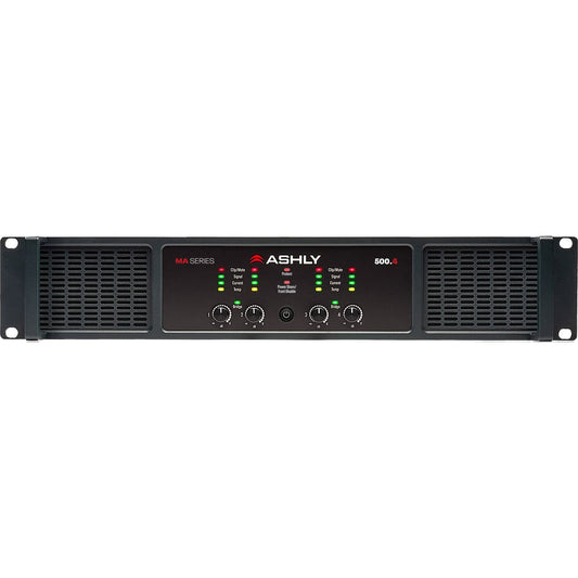 Ashly MA500.4 power amplifier front panel with rack ears, channel level knobs, status LEDs and power button