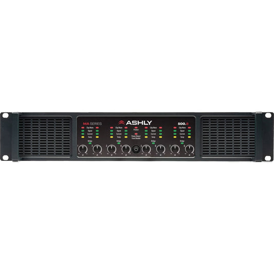 Ashly MA500.8 power amplifier front panel with eight channel gain knobs, status LEDs, and rack ears