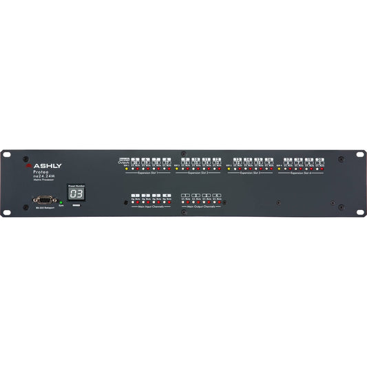Ashly ne24.24M Protea matrix processor front panel with preset number display, RS-232 dataport, and channel LEDs