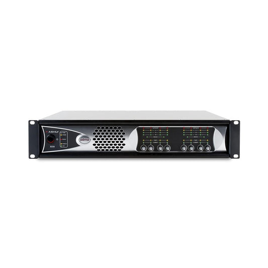 Ashly Audio Pema rack-mount amplifier front panel with channel LED meters, level knobs, and rack ears