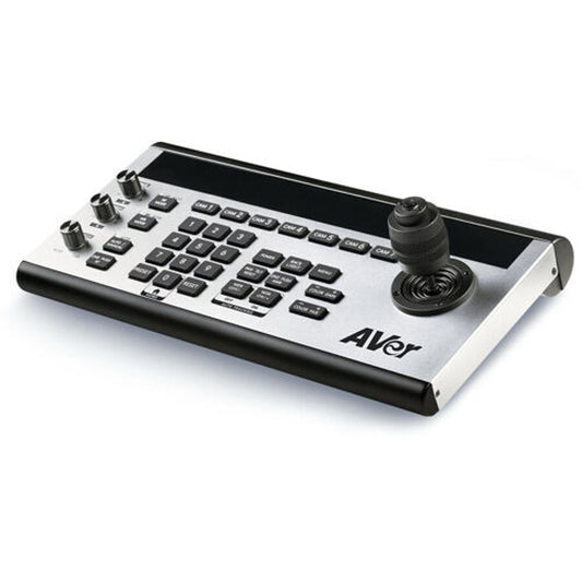 AVer PTCAMCTRL PTZ camera controller angled view with joystick, keypad and CAM preset buttons