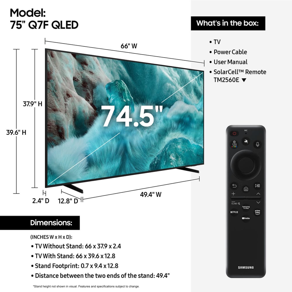 Samsung QN75Q7FAAFXZA 75" Qled 4K Qhdr, 3840X2160, 60Hz, Wifi