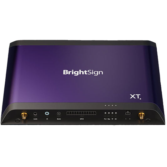 BrightSign XT1145 digital signage player front panel with audio, IR, serial, GPIO ports and antenna connectors